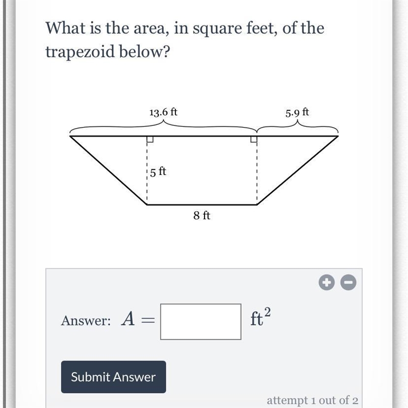 What is the area, in square feet, of the trapezoid below?-example-1