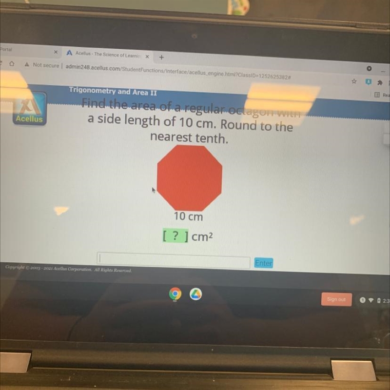 Find the area of a regular octagon with a side length of 10 cm. Round to the nearest-example-1