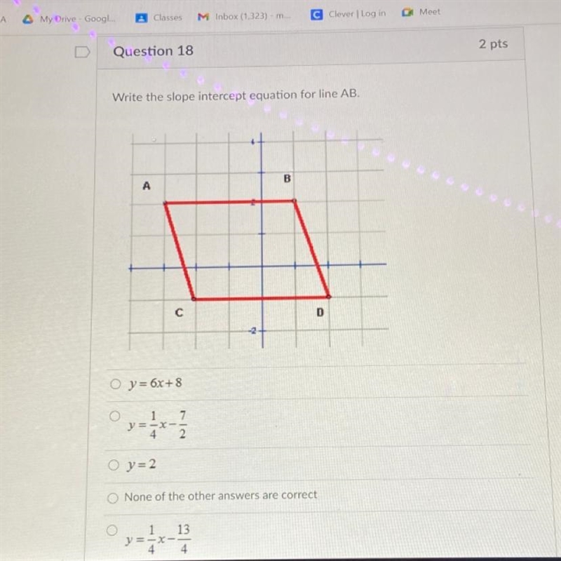 Write the slope intercept equation for line AB-example-1