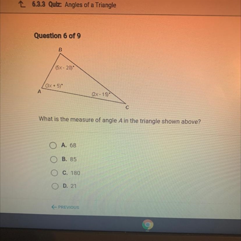 What is the measure of angle A in the triangle shown above?-example-1