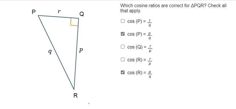 Triangle P Q R is shown. Angle P Q R is a right angle. The length of hypotenuse P-example-1