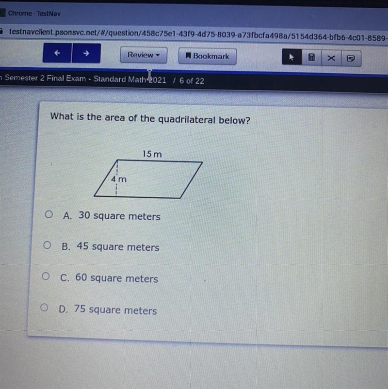 What is the area of the quadrilateral below? 15 m 4 m O A. 30 square meters OB. 45 square-example-1