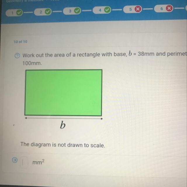 10 of 10 Work out the area of a rectangle with base, b = 38mm and perimeter, P = 100mm-example-1