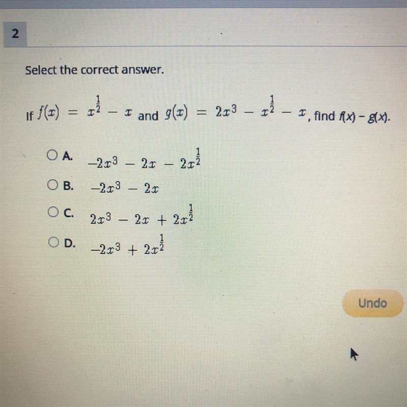 If f(x)= x^1/2 - x and g(x)= 2x^3 - x^1/2 - x, find f(x) - g(x)-example-1