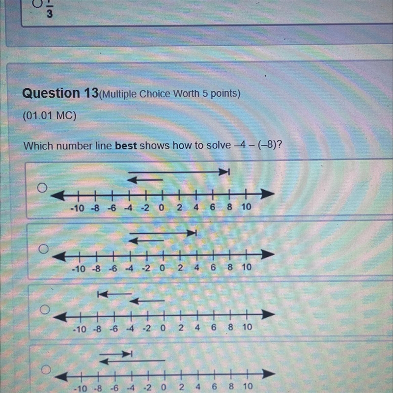 Which number line best shows how to solve -4-(-8)? HH+ 4 6 8 10 -10 -8 -6 4-2 0 2 + -10-8-6-4-2 0 2 2 4 6 8 10 + - 10 -8 -6 -4-2 0 2 4 6 8 10 -10 -8 -6 -4 -2 0 2 4 6 8 10 No-example-1