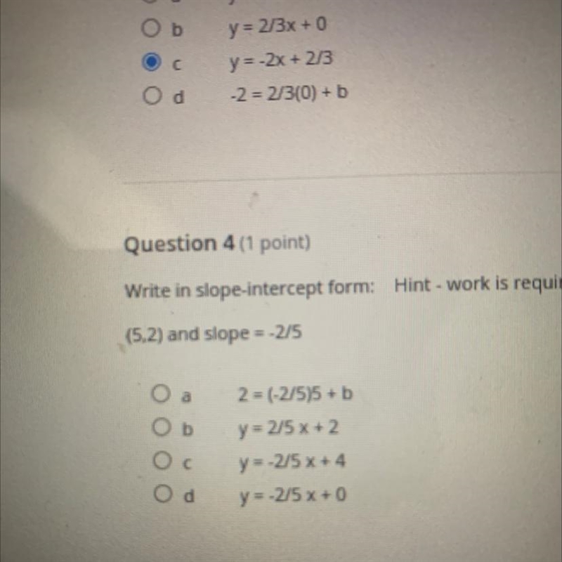 (5.2) and slope = -2/5 do you guys know the answer pls help-example-1