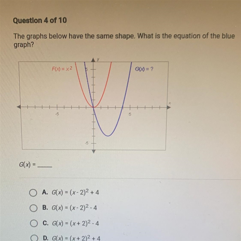 The graphs below have the same shape. What is the equation of the blue graph?-example-1