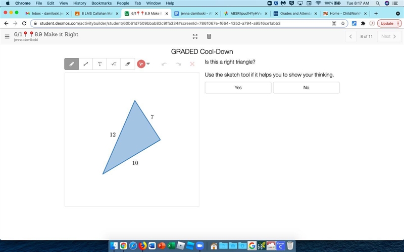 Explain is this is a right triangle using the Pythagorean Theorem-example-1