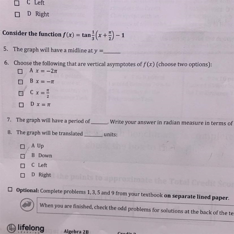 Consider the function f(x) = tan 1/3 (x + pi/1) - 1 Help With All PleAsE-example-1