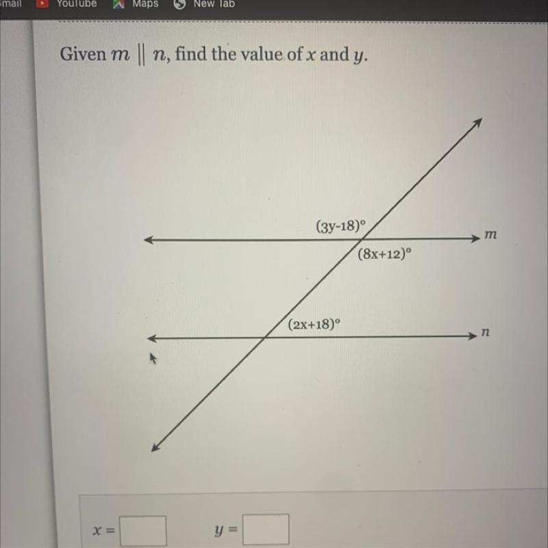 Given m ll n, find the value of x and y. Can someone answer this today please-example-1