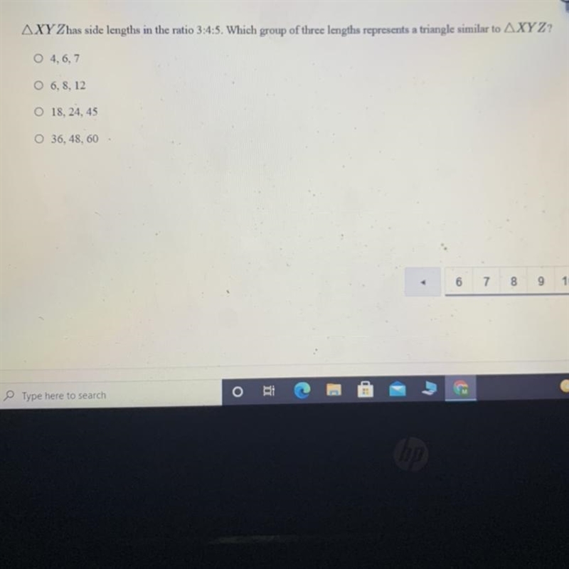 AXYZ has side lengths in the ratio 3:4:5. Which group of three lengths represents-example-1