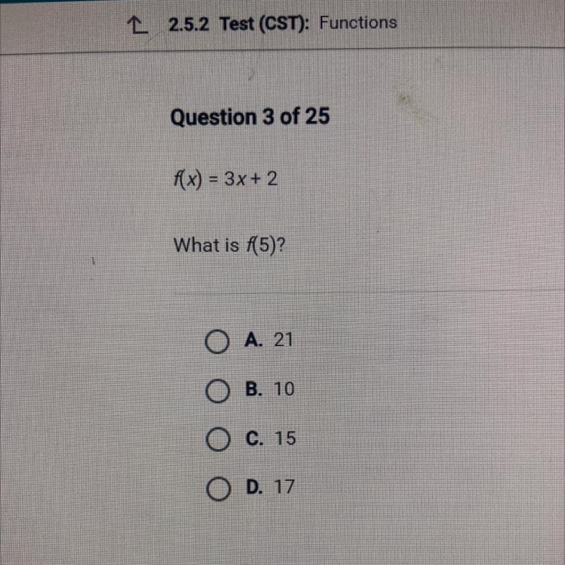 F(x) = 3x + 2 What is f(5)?-example-1