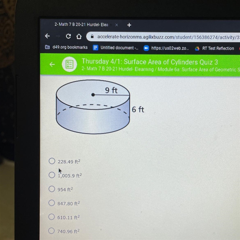 Find the total surface area of a cylinder. Use 3.14 for pi 1. 228.49 ft 2. 1,005.9 ft-example-1