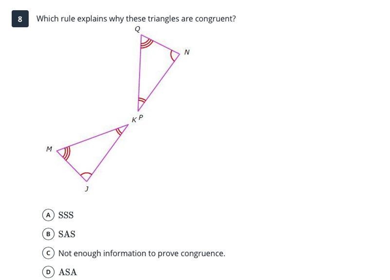 Which rule explains why these triangles are congruent? A. SSS B. SAS C. Not enough-example-1