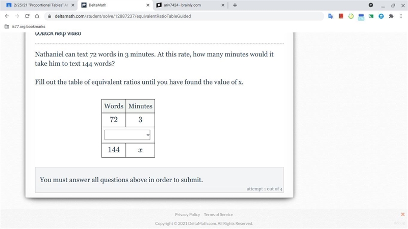 Nathaniel can text 72 words in 3 minutes. At this rate, how many minutes would it-example-1