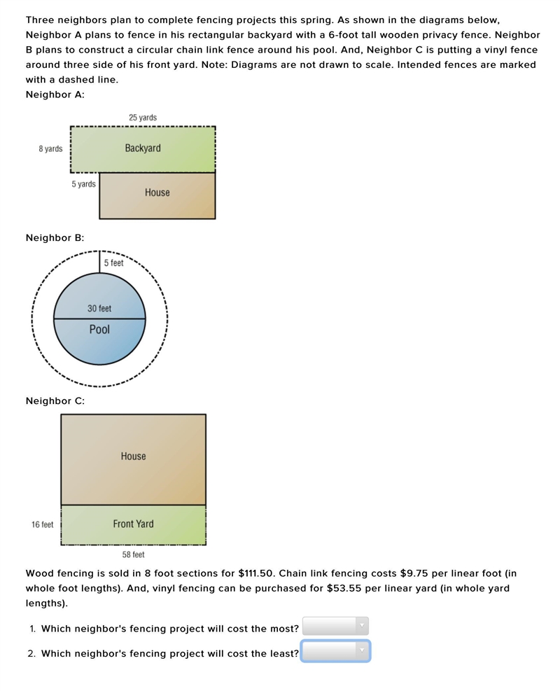 60 POINTS! (Reported if incomplete/absent) Three neighbors plan to complete fencing-example-1