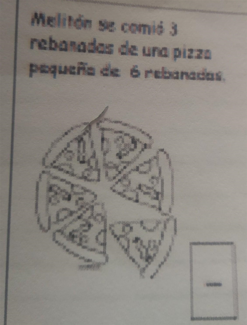 Melitón se comió 3 rebanadas de una pizza pequeña de seis rebanadas Cómo se representa-example-1