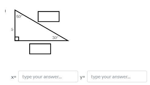 For the drawing, provide the missing lengths. x= hypotenuse y= leg-example-1