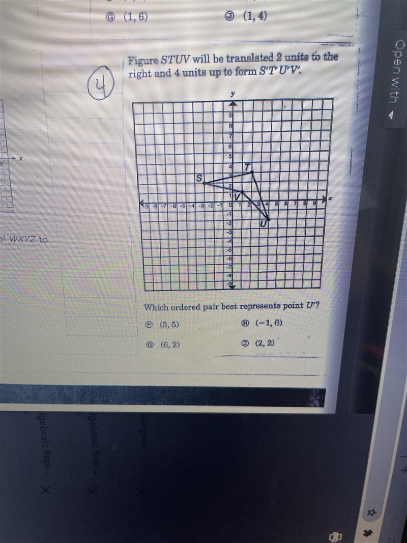 Figure STUV will be translated 2 units to the right and 4 units up to form S'T'U'V-example-1