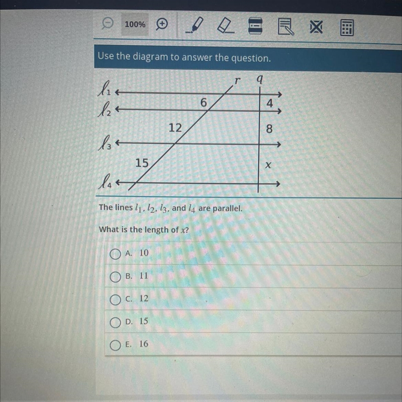 Q be 6 4 12 8 bt 15 X lat/ The lines 11, 12, 13, and 14 are parallel. What is the-example-1