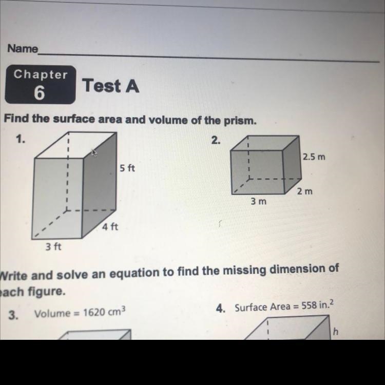 Find the surface area and volume of the prism 5ft 4ft 3ft-example-1