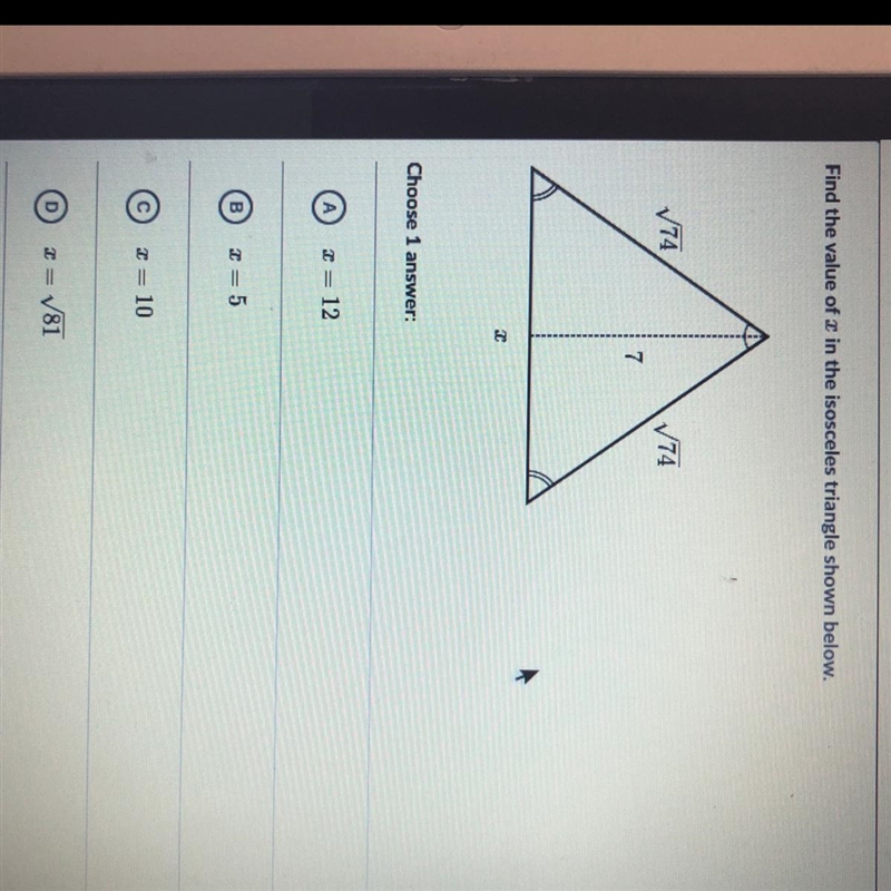 Find the value of x in the isosceles triangle shown.-example-1