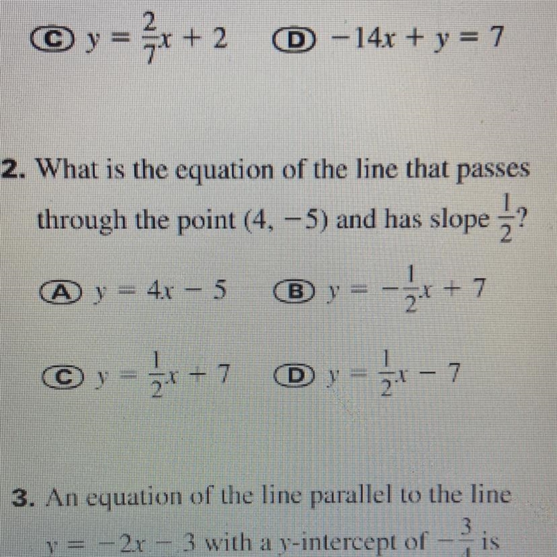 2. What is the equation of the line that passes through the point (4. – 5) and has-example-1