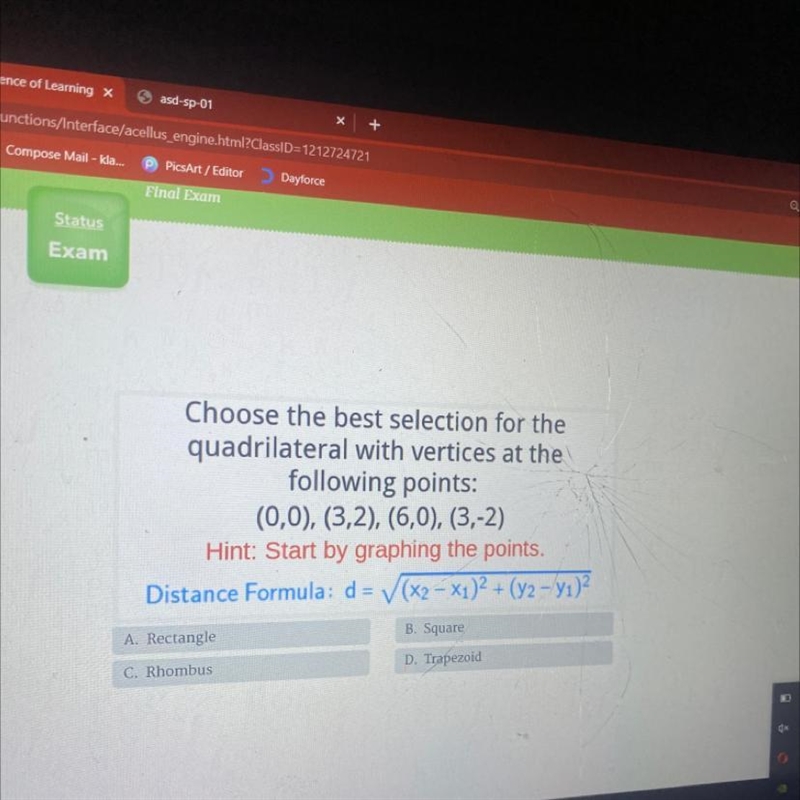 Choose the best selection for the quadrilateral with vertices at the following points-example-1