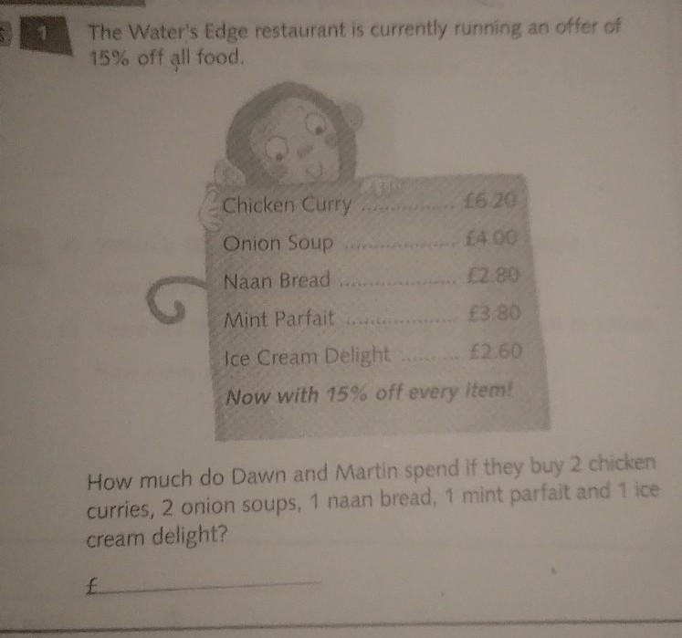 The water's edge restaurant is currently running an offer of 15% of all food. Chicken-example-1