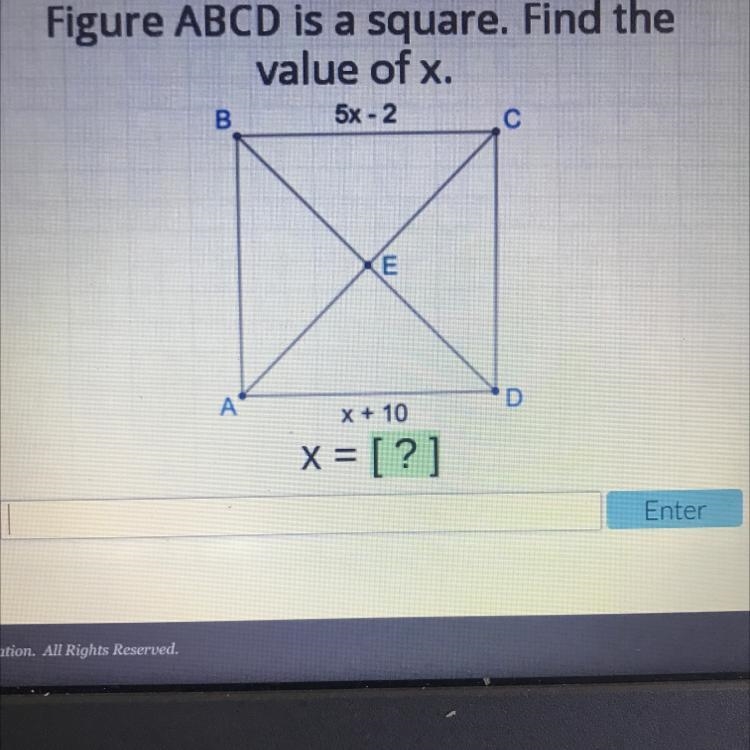 Figure ABCD is a square. Find the value of x. 5x 2 D x + 10 x = [?]-example-1