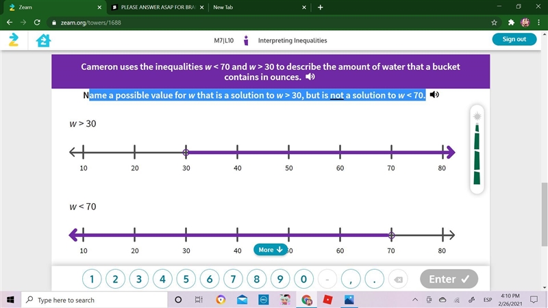 Name a possible value for w that is a solution to w > 30, but is not a solution-example-1