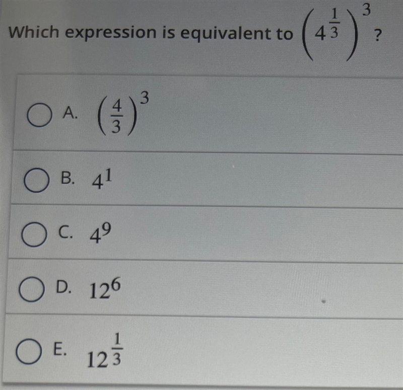 Which expression is equivalent to ( 4 1/3)^3 ?-example-1