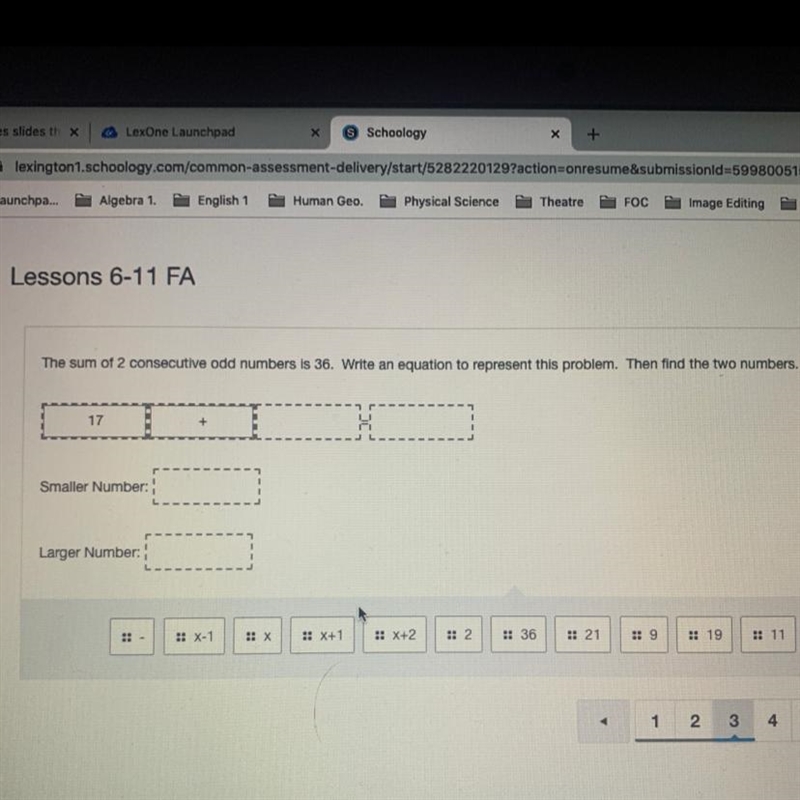 The sum of 2 consecutive odd numbers is 36. Write an equation to represent this problem-example-1