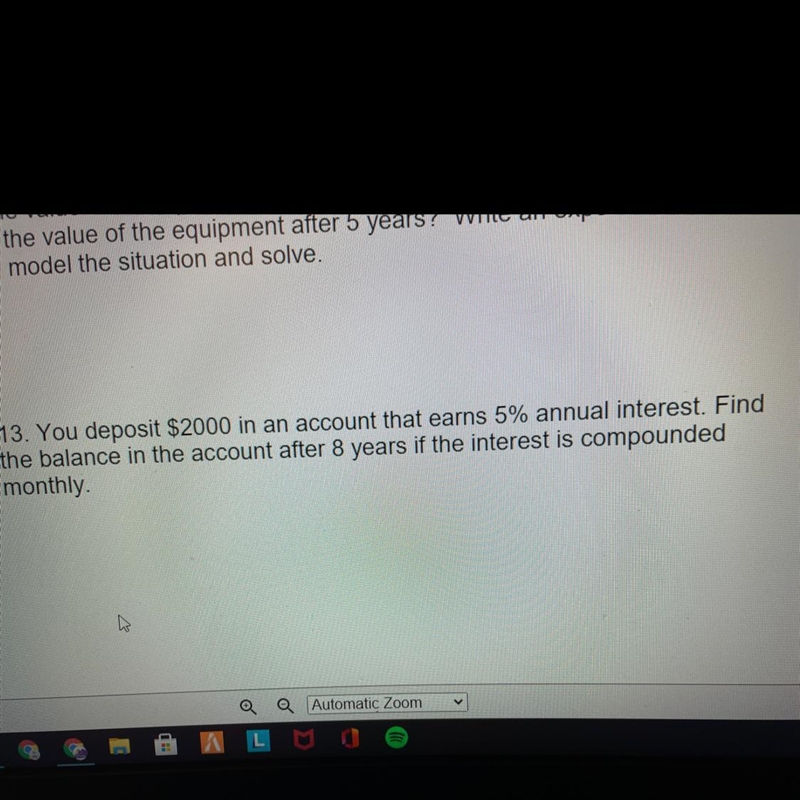 You deposit $2000 in an account that earns 5% annual interest. Find the balance in-example-1