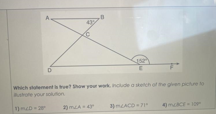 In the diagram below, AB|| DEF , AE and BD intersect at C, m angle B = 43 degrees-example-1