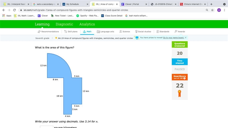 7 grade math Area of compound figures with triangles, semicircles, and quarter circles-example-1