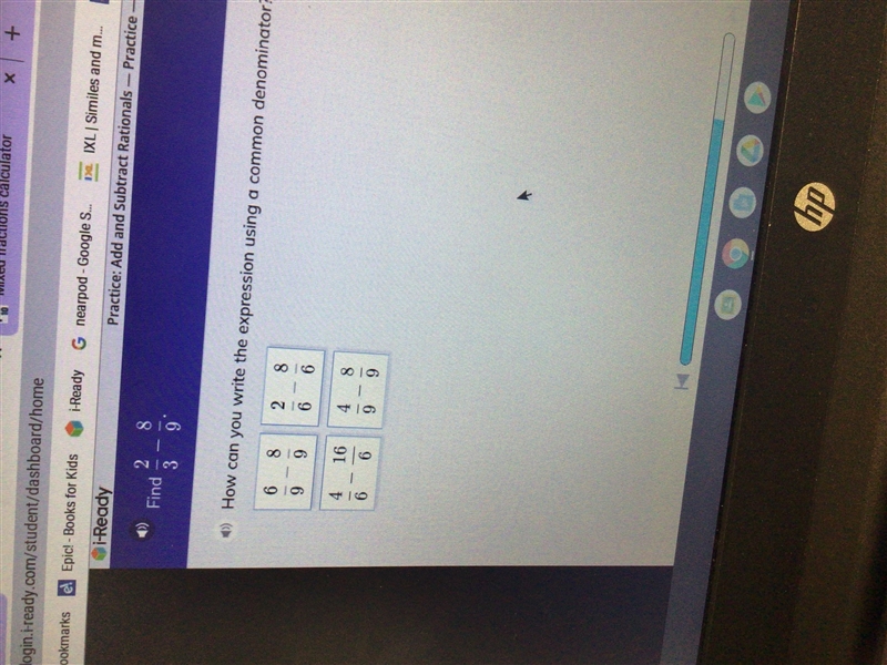 Find 2/3 - 8/9 how can you write the expression using a common denominator-example-1