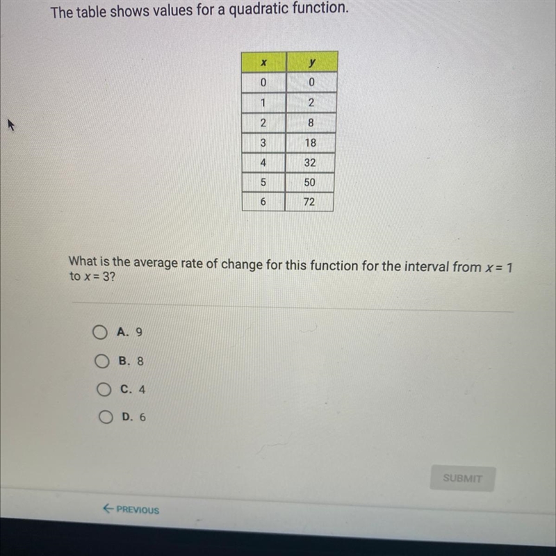 The table shows values for a quadratie function What is the average rate of change-example-1