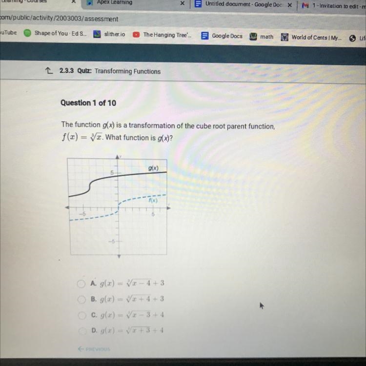 The function g(x) is a transformation of the cube root parent function, f(x) = V. What-example-1