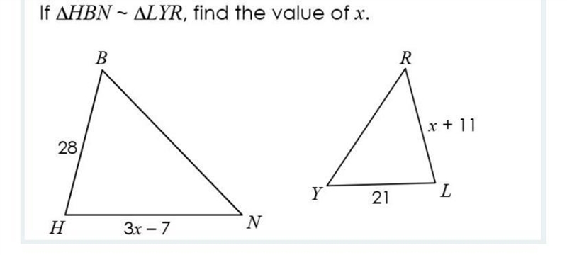 If triangle HBN ~ triangle LYR, find the value of x.-example-1