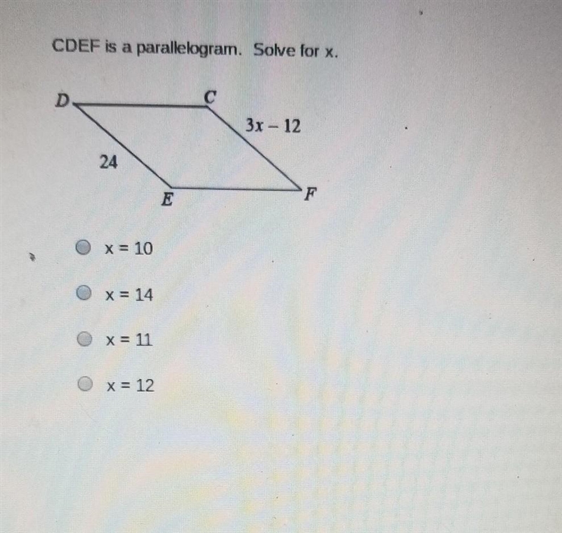 CDEF is a parallelogram. Solve for x. ​-example-1