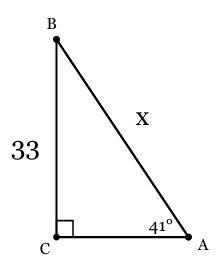 In ΔABC, the measure of ∠C=90°, the measure of ∠A=41°, and BC = 33 feet. Find the-example-1