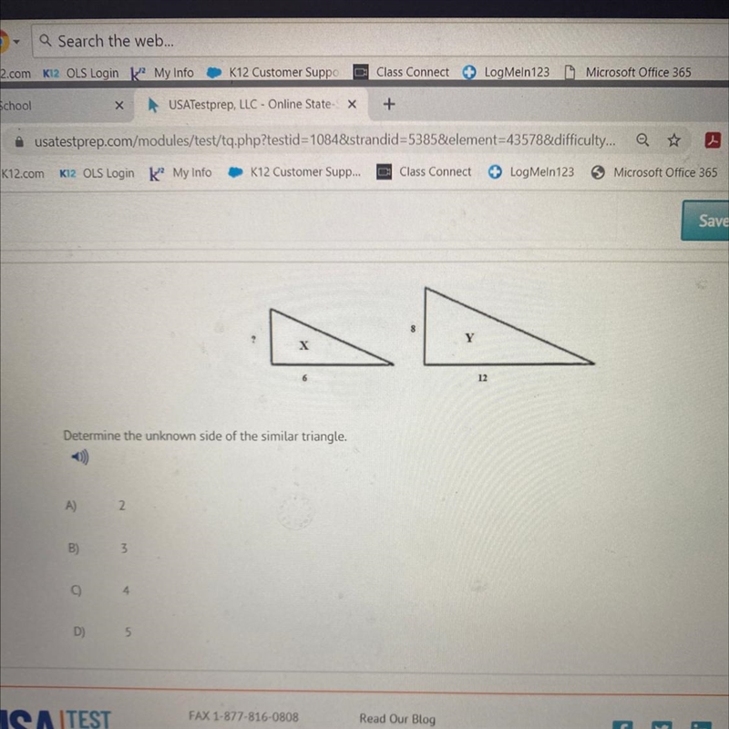 Determine the unknown side of the similar triangle. A) 2 B) 3 D) 5-example-1