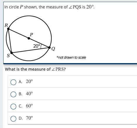 In circle P shown, the measure of angle P Q S is 20°.-example-1