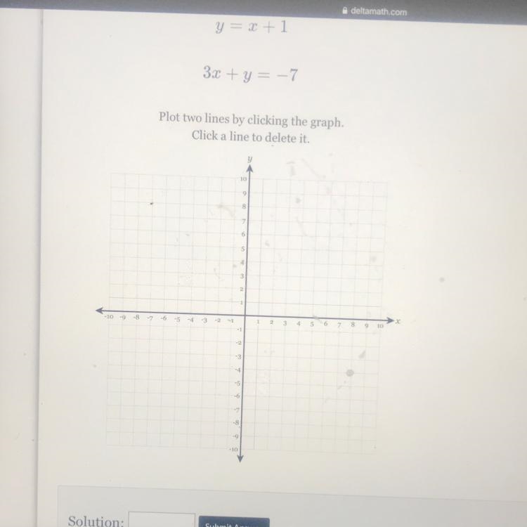 Y = x+1 3x + y = -7 Plot two lines by clicking the graph. Click a line to delete it-example-1