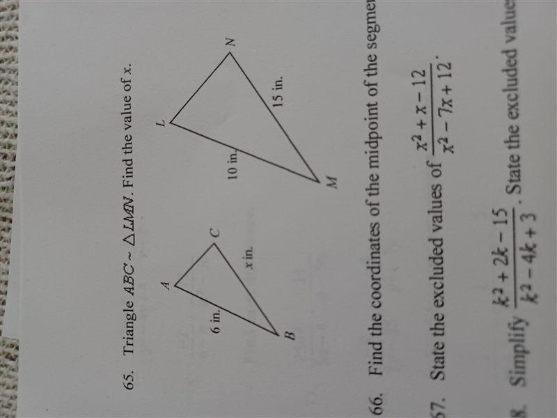 Triangle ABC is congruent to LMN. Find the value of x. Please and thank you! Warning-example-1