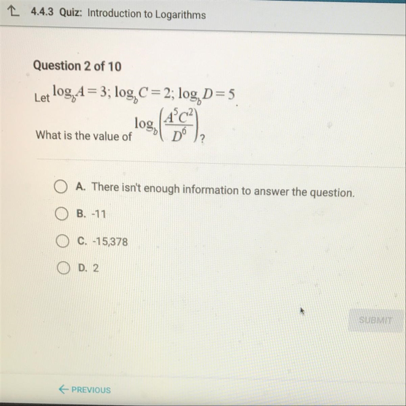 What is the value of logb(A^5C^2/D^6)?-example-1