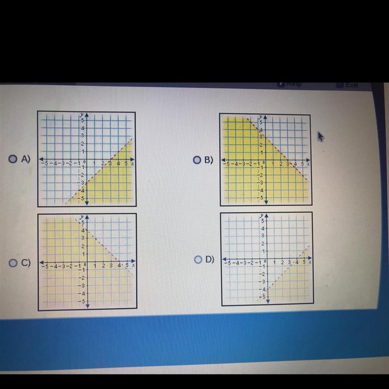 Which graph shows the solution to y< -x+3?-example-1