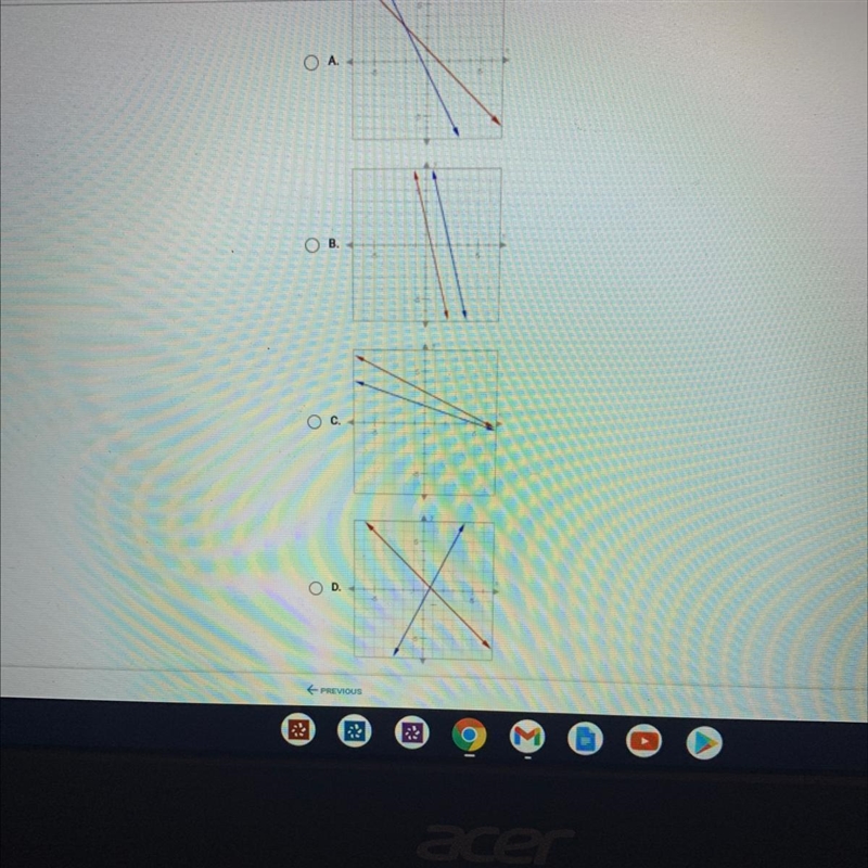 Which of the graphs below represents a system of equations that has no solution?-example-1