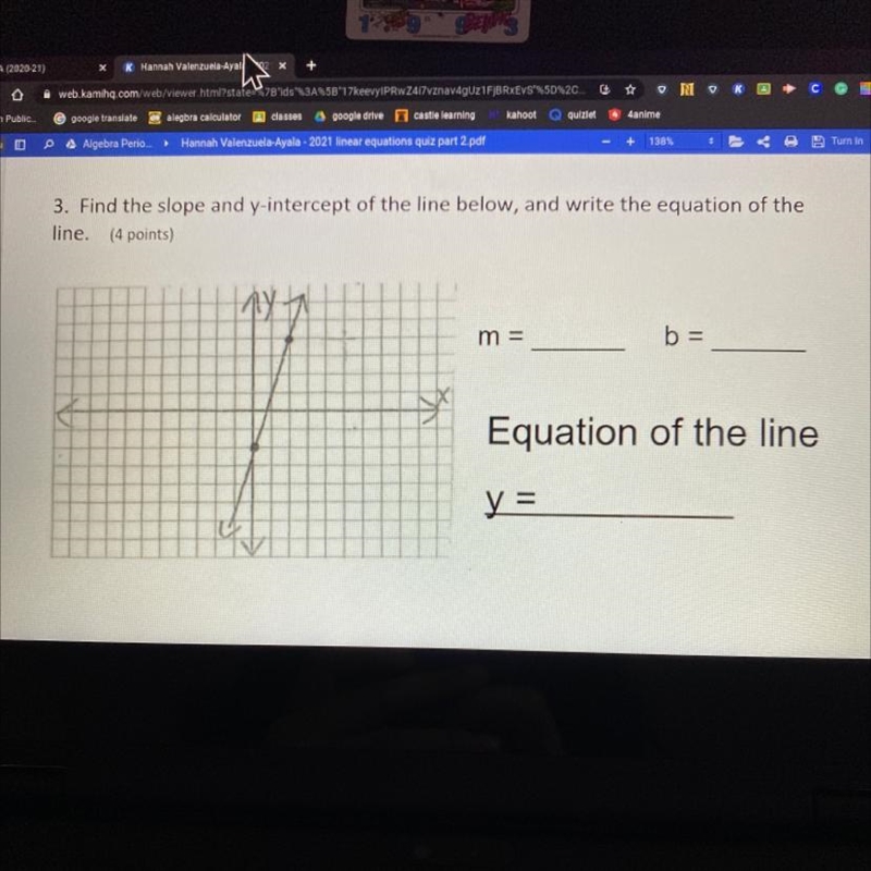 Find the slope and y-intercepts of the line below & write the equation of the-example-1